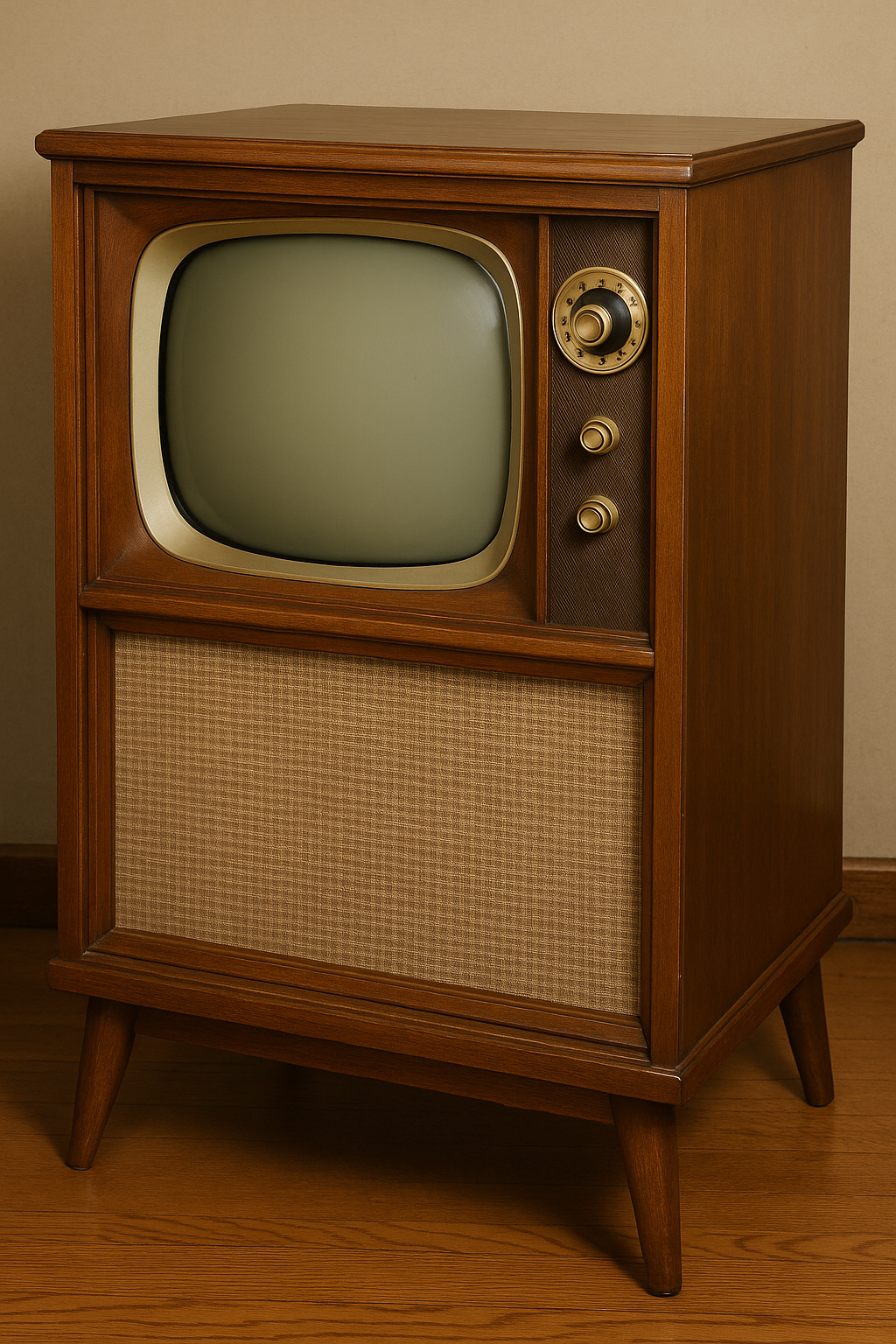 A 1950s television set in a wooden cabinet