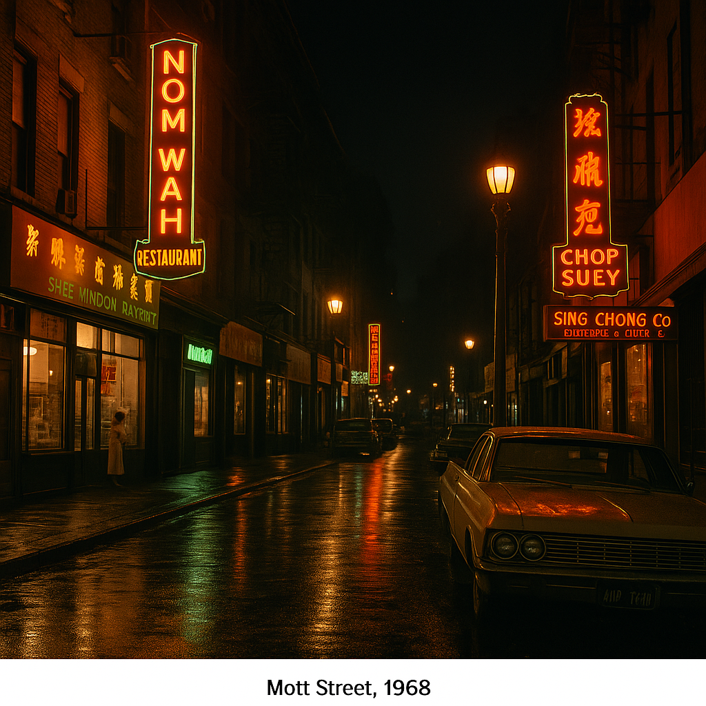 Mott Street at night in 1968—neon signs, steam, and late-night foot traffic