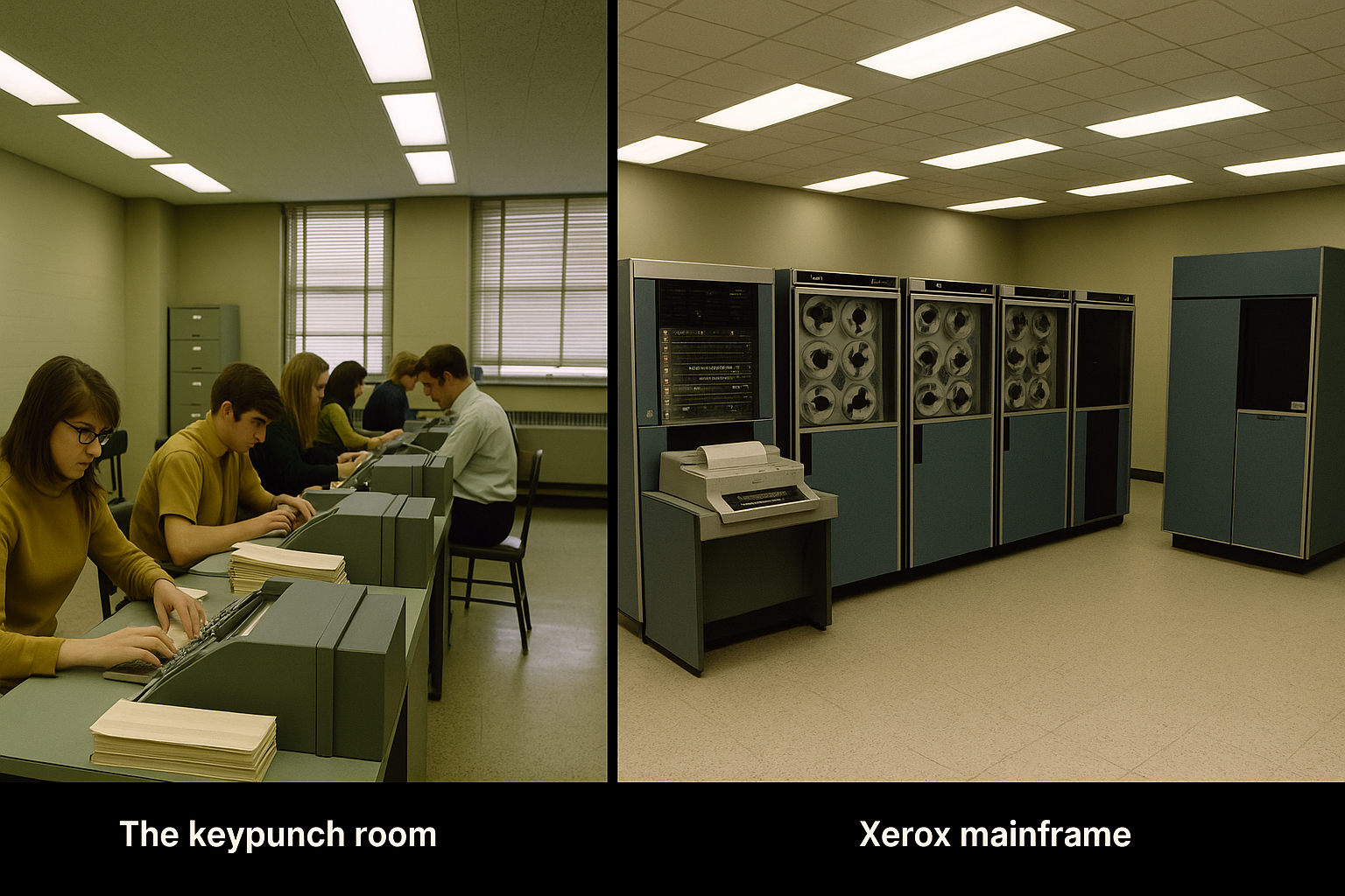 Side-by-side photos of the keypunch room and the Xerox mainframe
