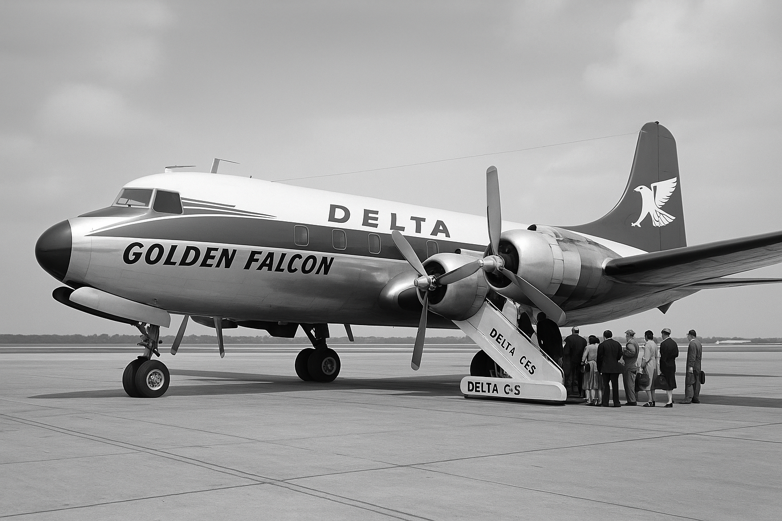 Golden Falcon propeller aircraft at an airport gate in the 1950s