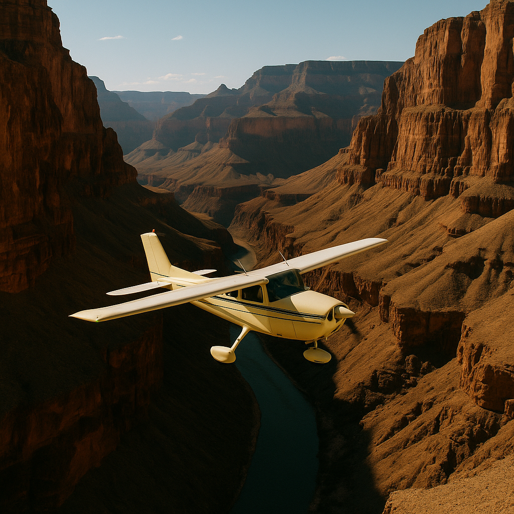 Small sightseeing plane banking inside the Grand Canyon