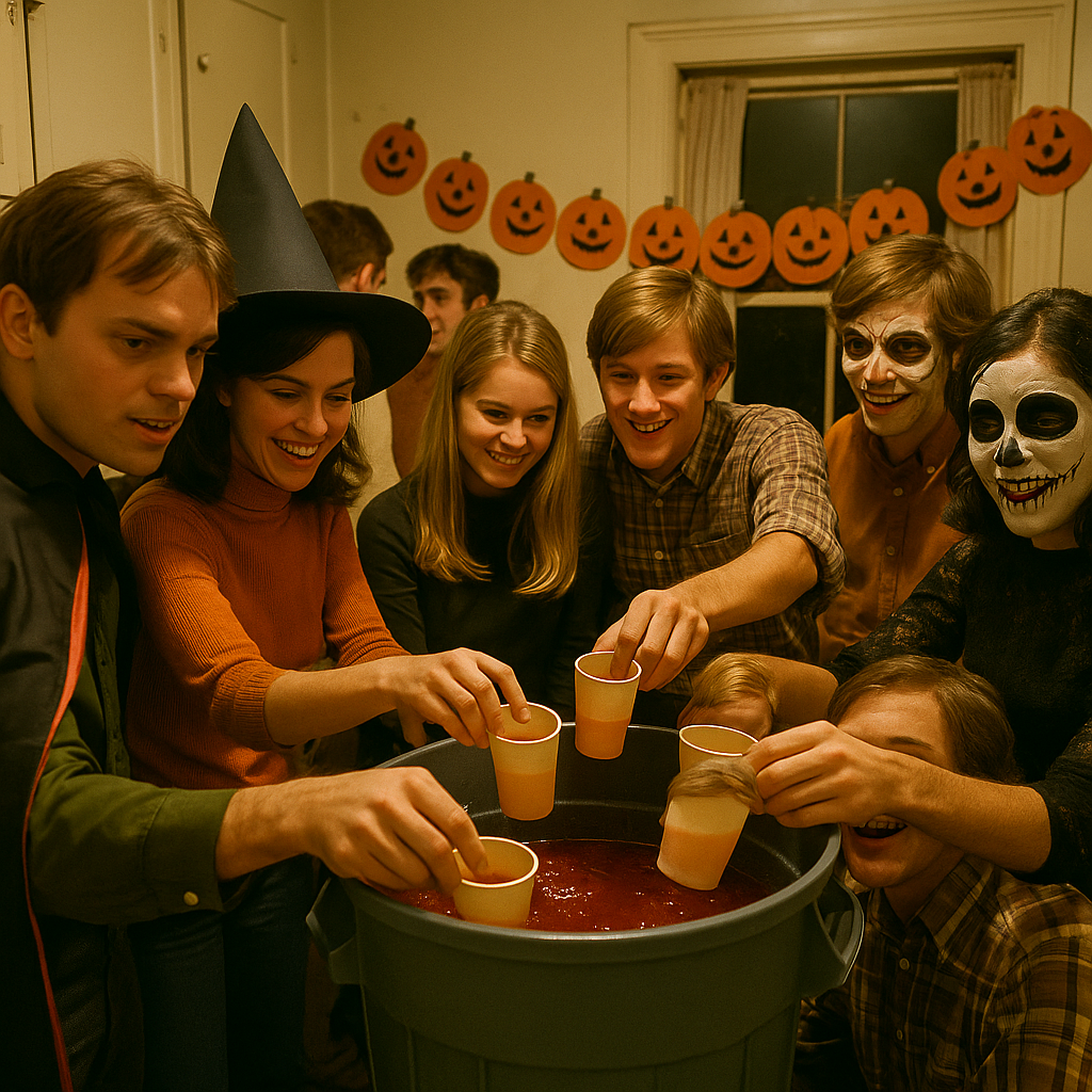 Late-60s Halloween party in a house kitchen—students dipping cups into a gray trash can of punch nicknamed 'Bash'