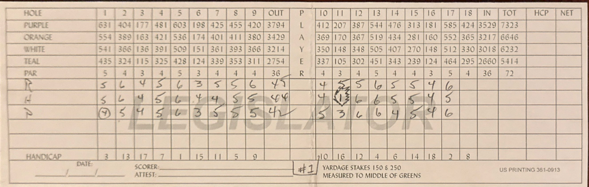 Scorecard showing hole-in-one on Legislator #11.
