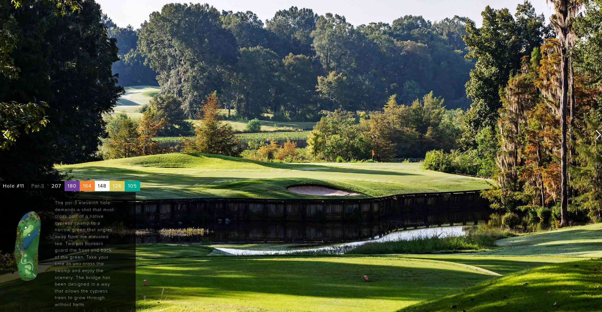 Capitol Hill — Legislator #11 tee view: elevated par-3 over water with front bunker and trees.