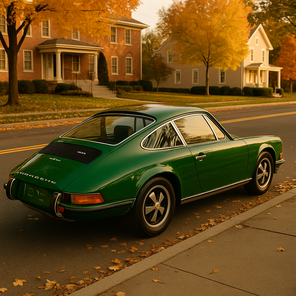 Porsche 911E (1971) in period-correct Irish Green, parked curbside in Queens