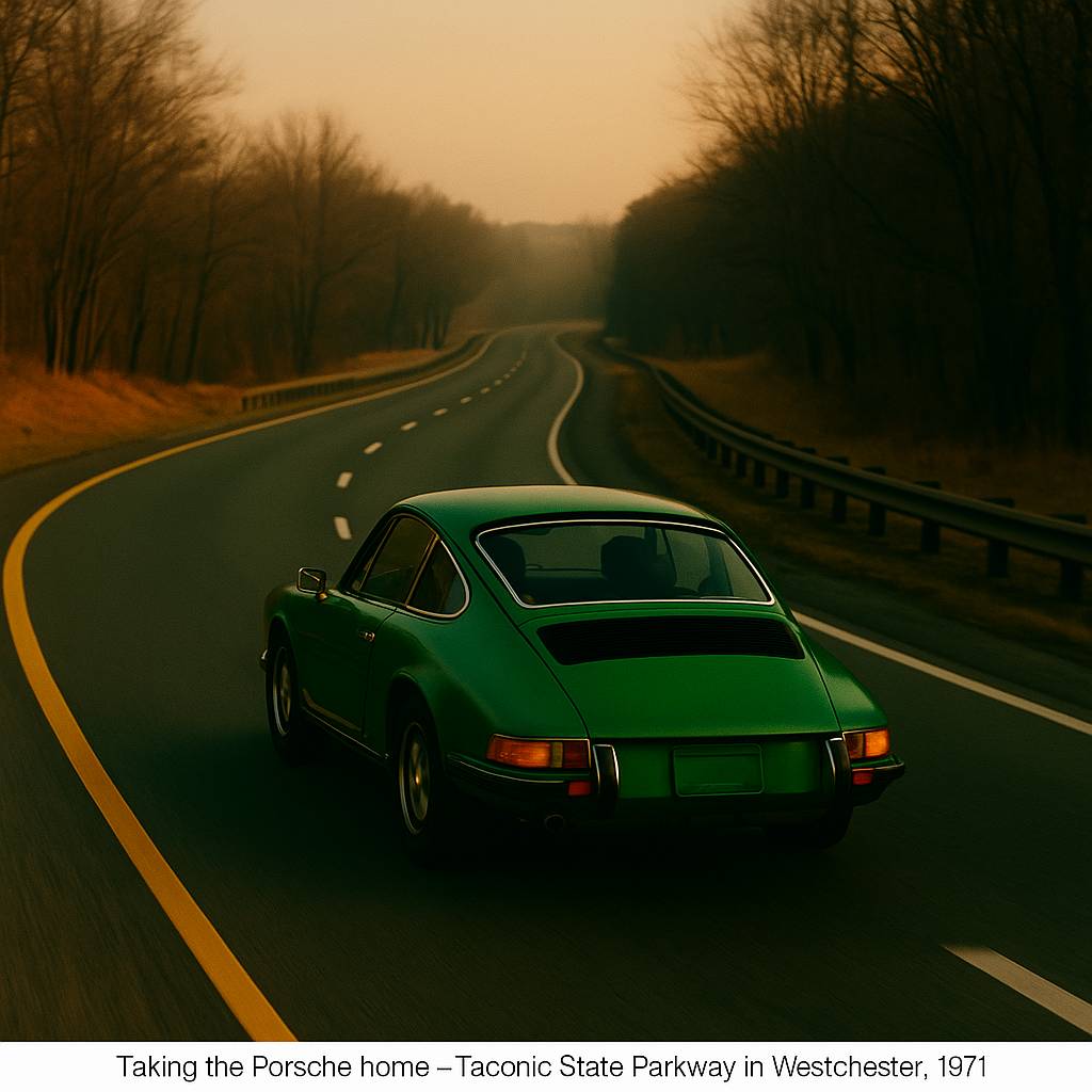 Porsche 911E (1971) in period-correct Irish Green, parked curbside in Queens
