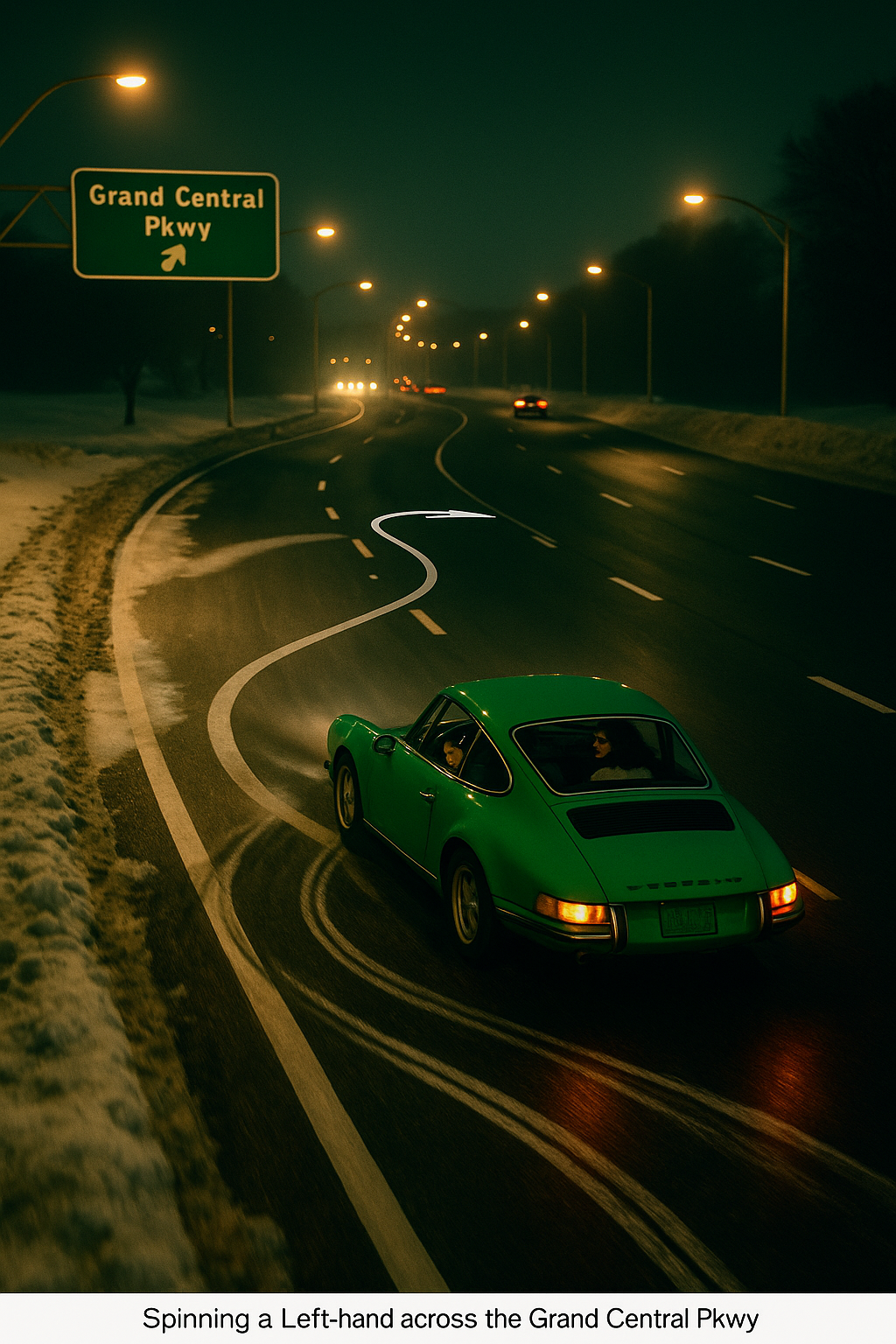 Porsche 911E at the end of an acceleration lane with four lanes beside it as it hits ice