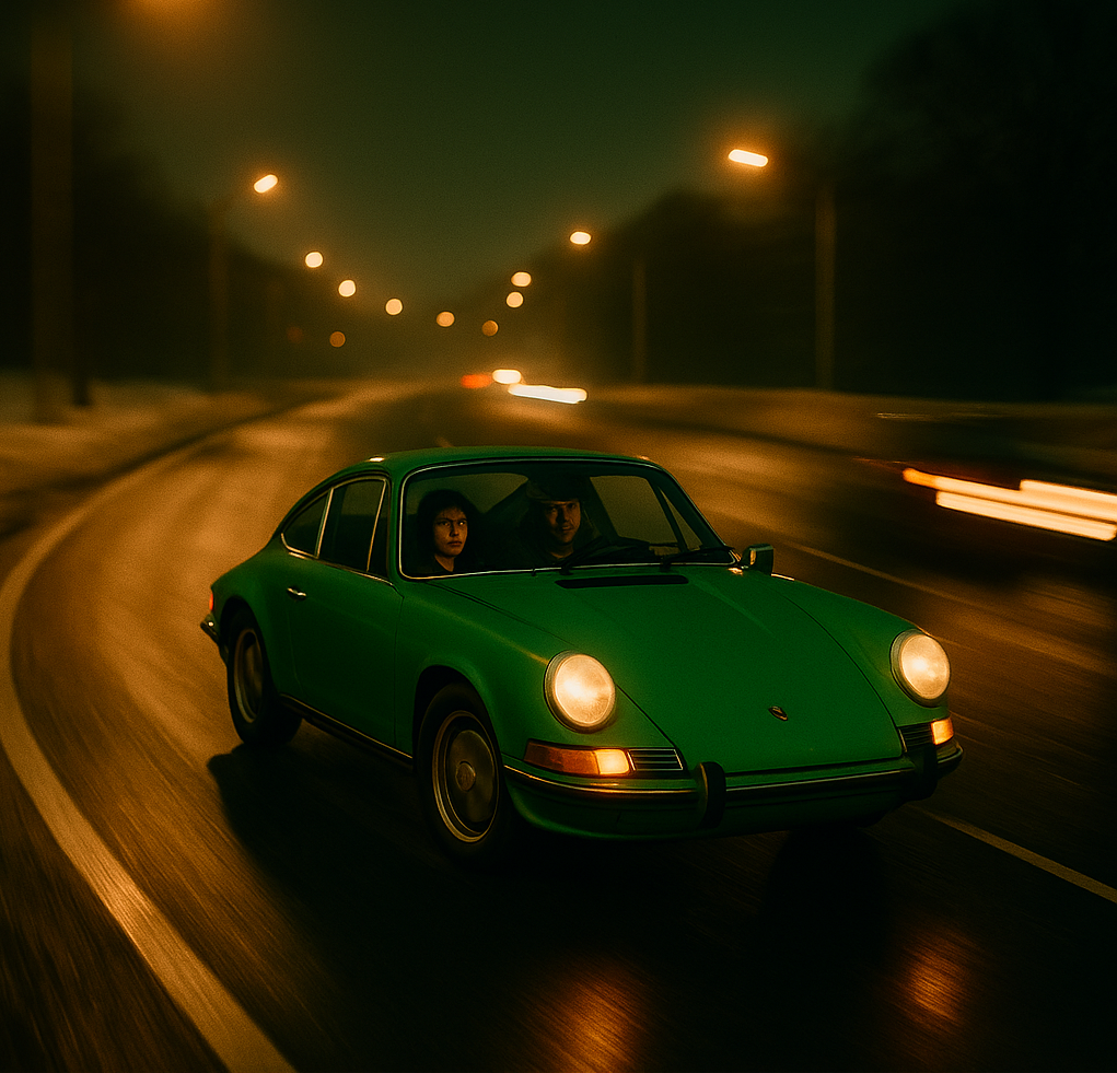 Porsche 911E stopped in the right lane facing the correct direction with cars whizzing past