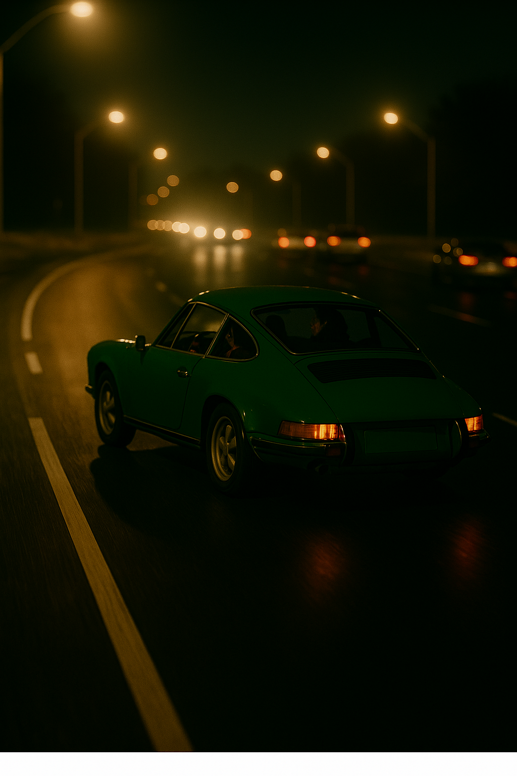 Porsche 911E in the middle lane facing the wrong direction with taillights toward oncoming cars