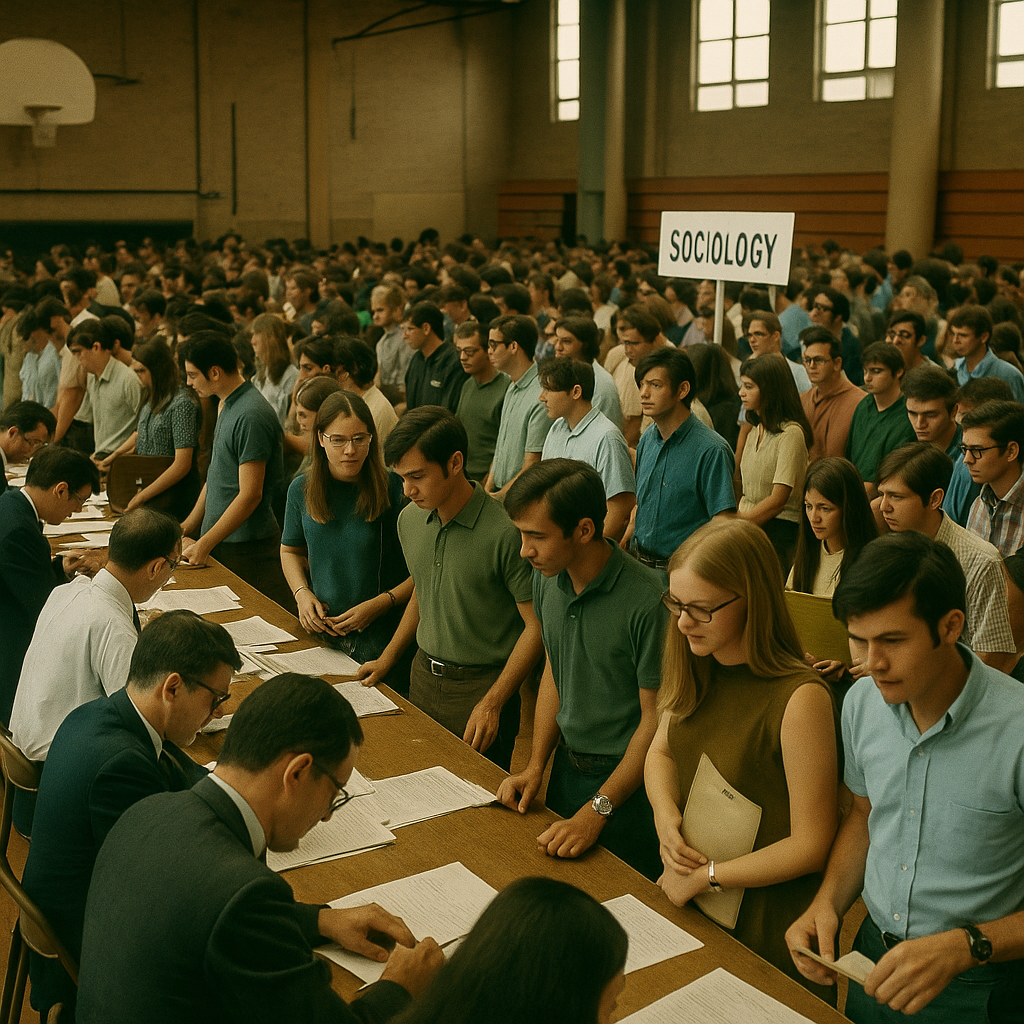 Queens College registration day in the gymnasium, early 1970s. Long tables set by department, students rushing to sign up for classes.