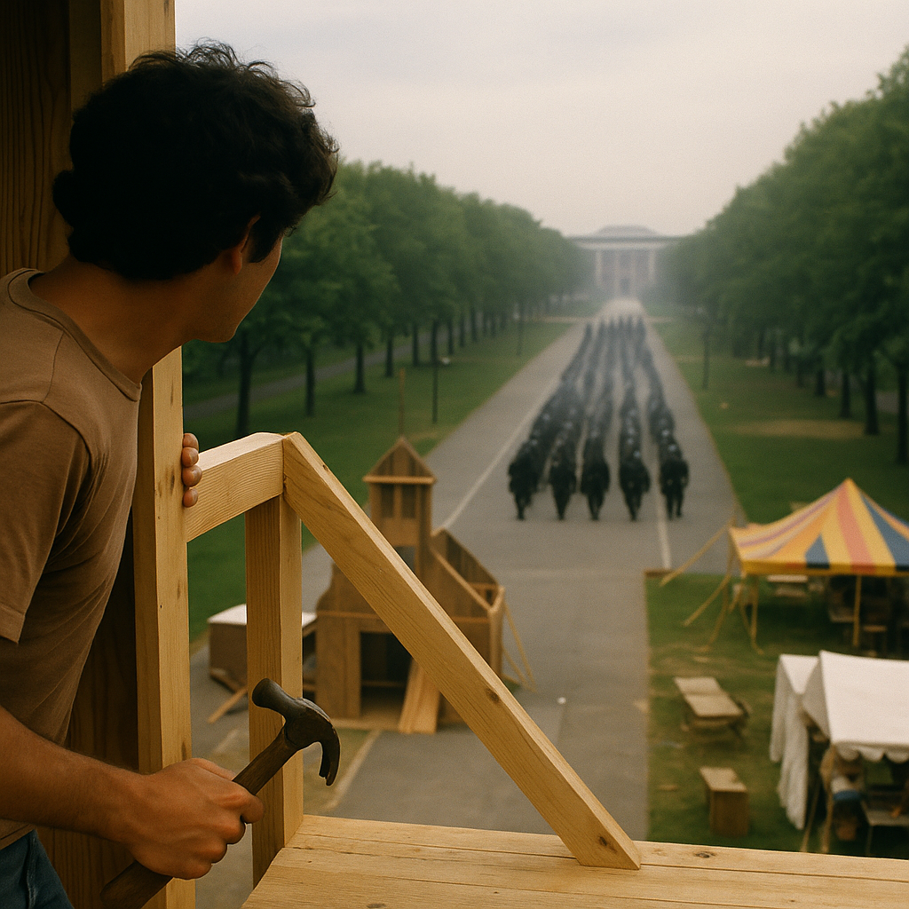 View from atop the Knight House carnival tower: distant armored police columns advancing along the campus walk at Queens College, Spring 1970.