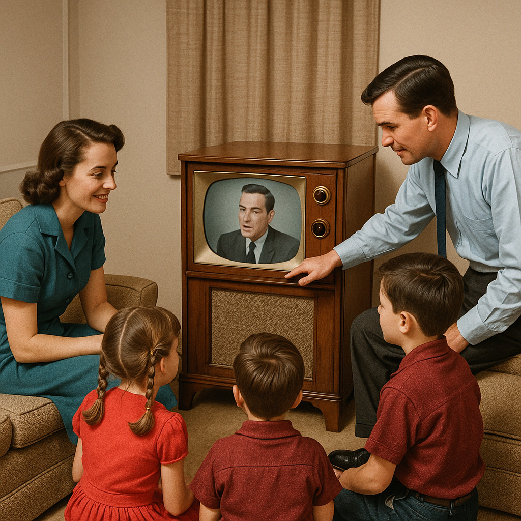 1950s family watching TV—no remote control exists yet