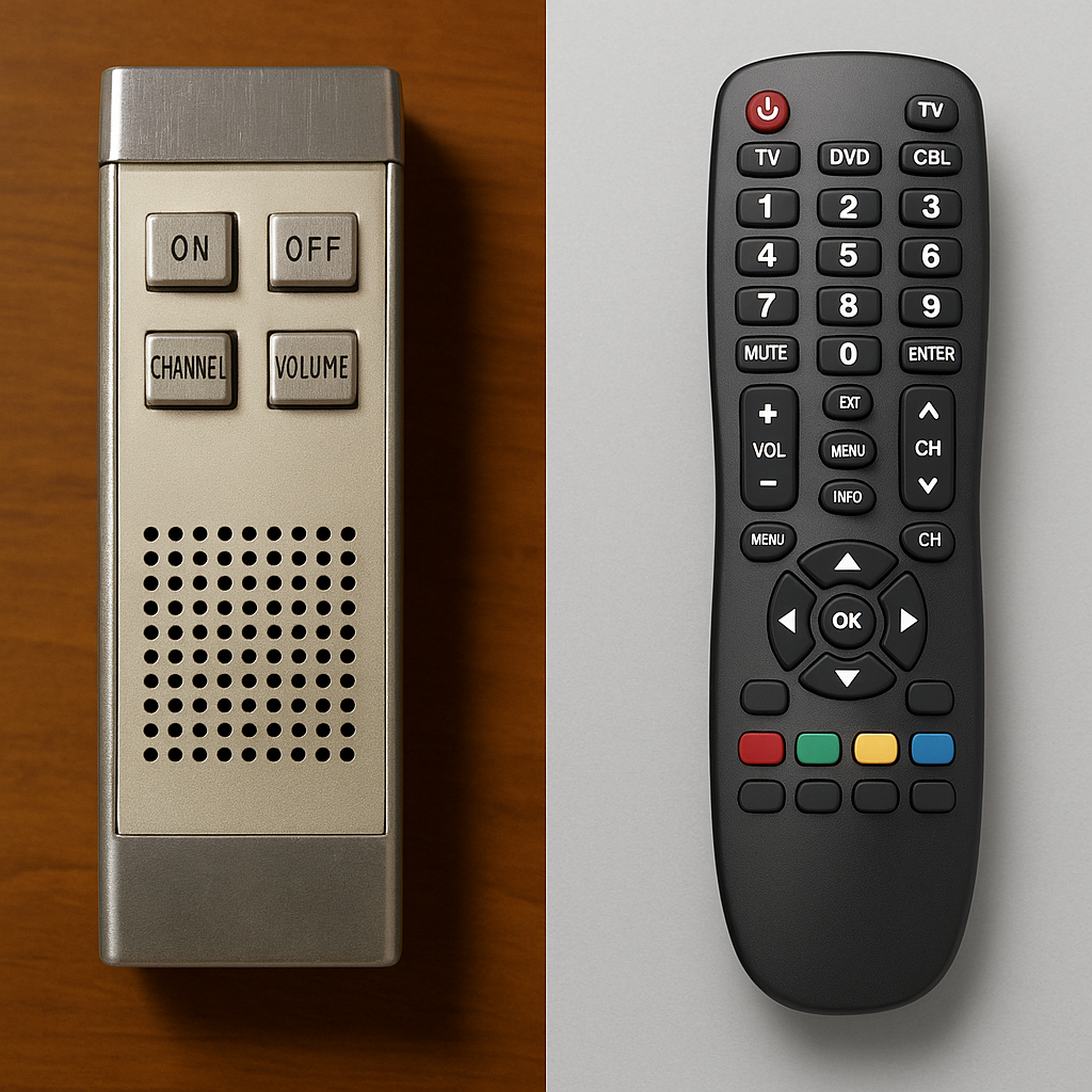 Timeline from no remote to light, ultrasonic clicker, infrared universal remotes, and modern voice control