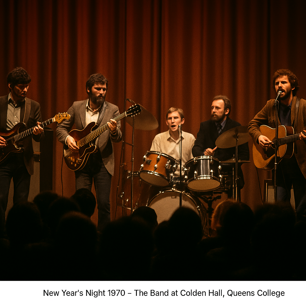 The Band performing at Queens College’s Colden Auditorium, Jan 1, 1970 — warm stage lights over Robbie Robertson, Levon Helm, Rick Danko