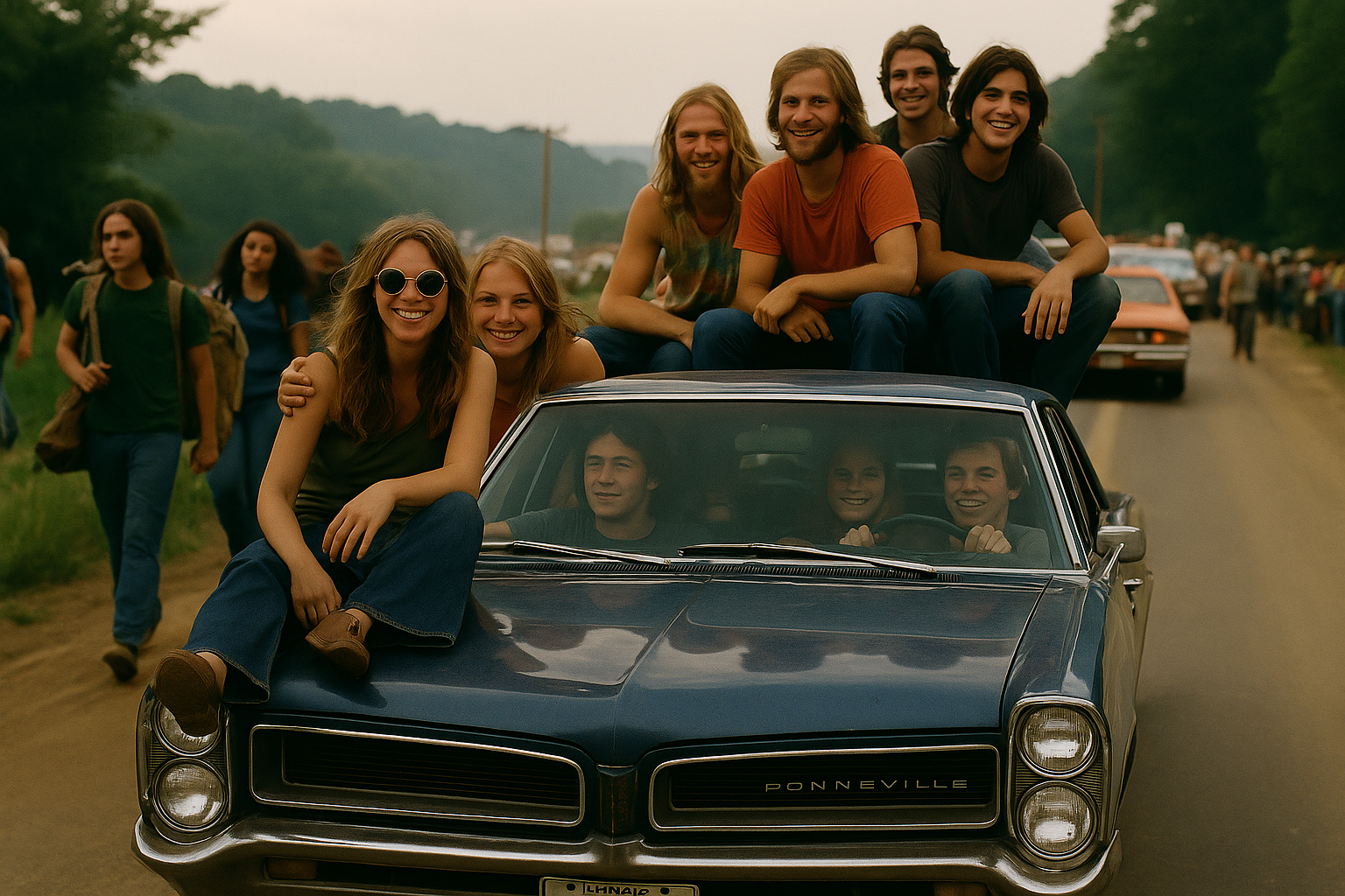 Overstuffed 1964 dark blue Pontiac Bonneville with riders on trunk and hood leaving Woodstock