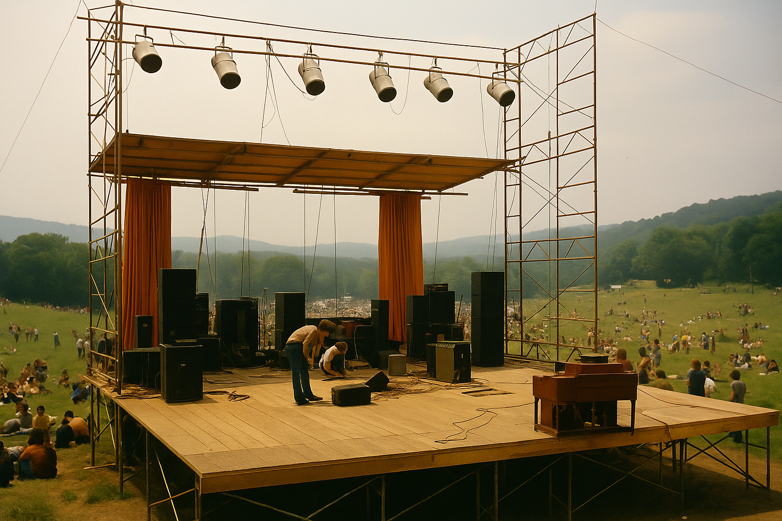 Workers building the Woodstock stage earlier in the week